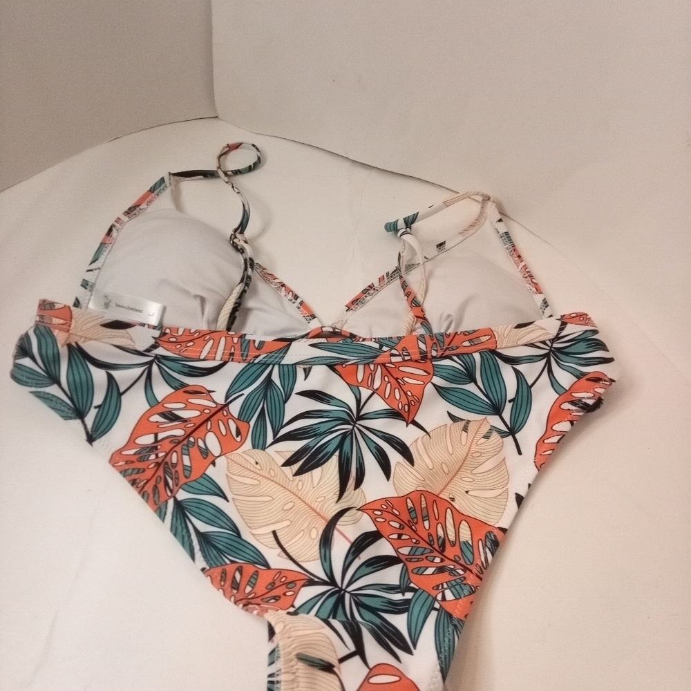 Beachsissi Bikini Palm Leaf Print Women's L 12/14 Green Orange Tan White - Picture 2 of 5